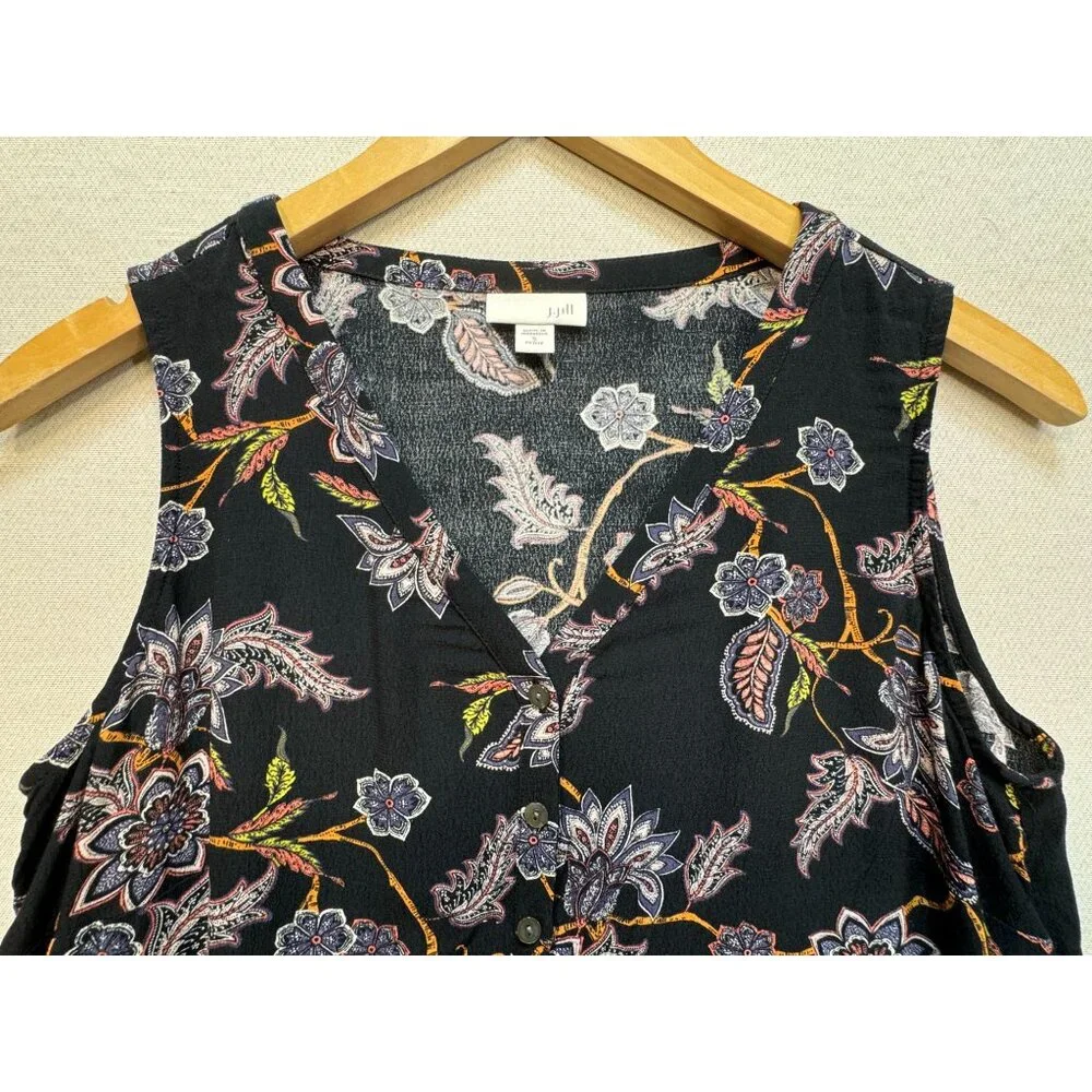 J. Jill Womens Button-Front Blouse Top Size S Petite Black Floral Sleeveless Y2K - Picture 5 of 11